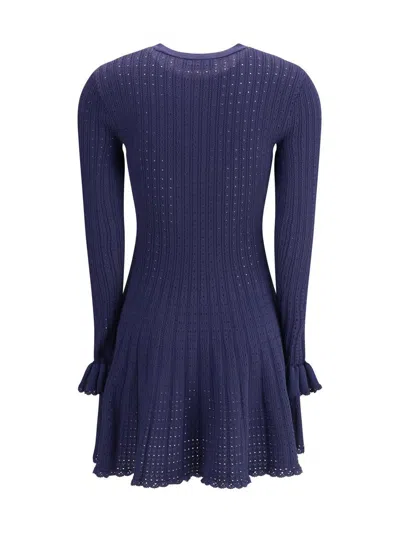 Self-portrait Self Portrait Women Perforated Knit Short Dress With Removable Lace Brooch In Blue