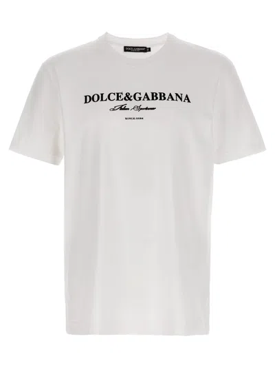 Dolce & Gabbana White Crewneck T-shirt With Logo Lettering Print On The Front In Gray