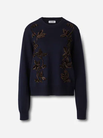 Jil Sander Wool Sweater With Floral Pattern In Black