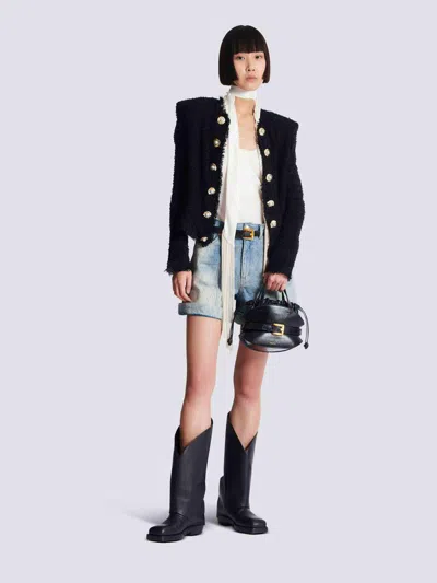Balmain Tweed Jacket With Frayed Edges And Gold-tone Buttons In Black