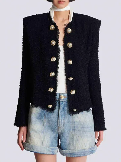 Balmain Tweed Jacket With Frayed Edges And Gold-tone Buttons In Black