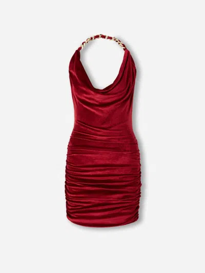 Balmain Chain Draped Velvet Minidress In Red