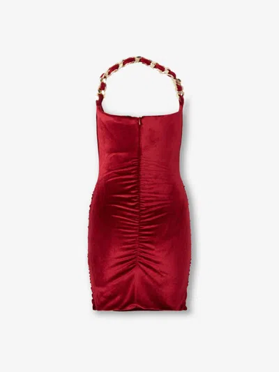 Balmain Chain Draped Velvet Minidress In Red