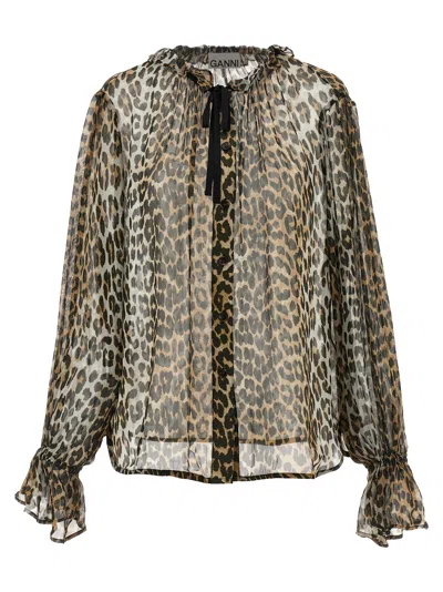 Ganni Leopard Print Chiffon Tie String Shirt And Blouse Multicolor
