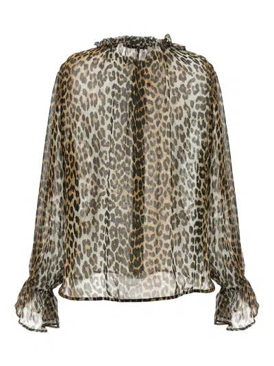 Ganni Leopard Print Chiffon Tie String Shirt And Blouse Multicolor