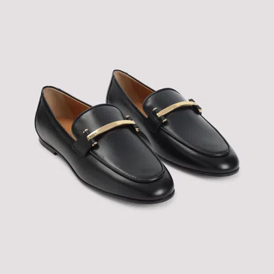 Tod's Black Leather Loafers With Subtle Gold Accents In Black