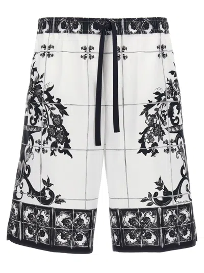 Dolce & Gabbana Monochrome Floral Elastic Waistband Knee Length Shorts In White