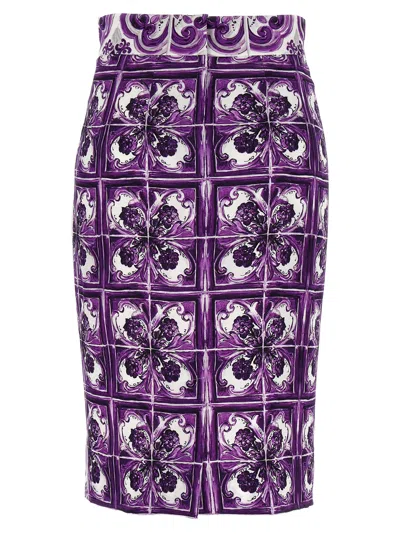 Dolce & Gabbana Maiolica Print Stretch Silk Skirt In White