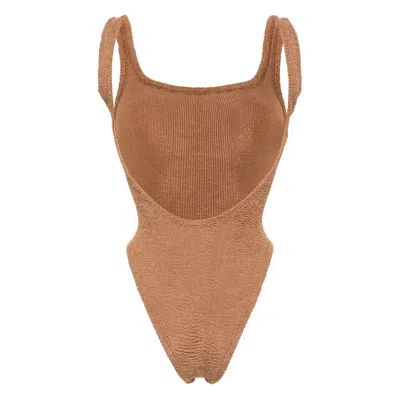 Hunza G Crinkled-effect Open-back Swimsuit In Brown