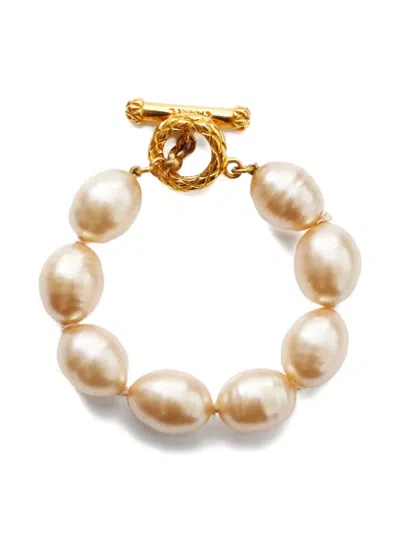 Pre-owned Chanel 1993 Logo Pearls Bracelet In Gold