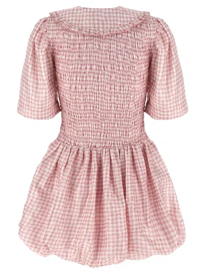 Ganni Vichy Check Shirred Mini Dress In Pink