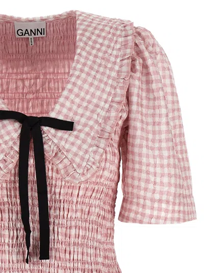 Ganni Vichy Check Shirred Mini Dress In Pink