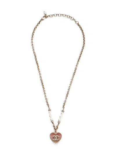 Pre-owned Chanel 2023 Cc Mark Rhinestone Pearls Heart Necklace