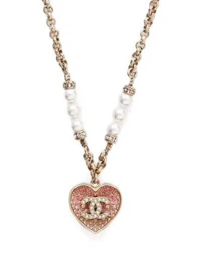 Pre-owned Chanel 2023 Cc Mark Rhinestone Pearls Heart Necklace
