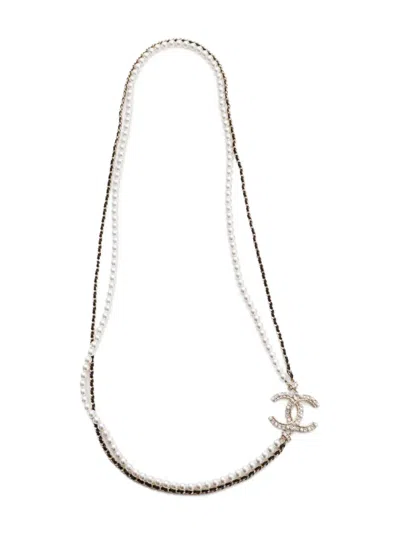 Pre-owned Chanel 2023 Cc Mark Pearls Rhinestone Necklace In Gold
