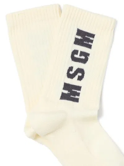 Msgm Embroidered-logo Socks In Neutral
