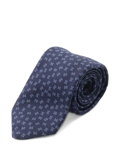 Pre-owned Hermes 2021 H-pattern Silk Tie In Blue