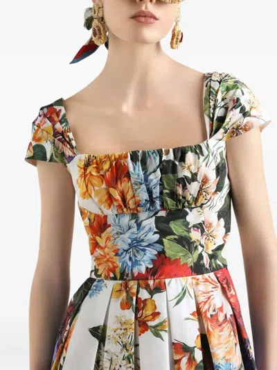 Dolce & Gabbana Floral Bouquet Popeline Cap-sleeve Pleated Dress In Multi