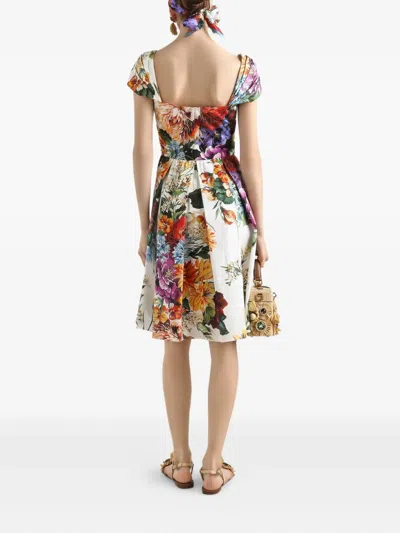 Dolce & Gabbana Floral Bouquet Popeline Cap-sleeve Pleated Dress In Multi