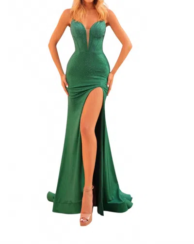 Amarra Fitted Hot Stone Gown With Illusion Neckline In Emerald