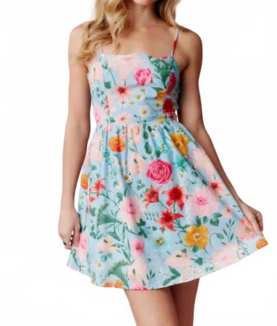 Peach Love Blossom And Bow Tie Back Mini Sundress In Multi In Blue
