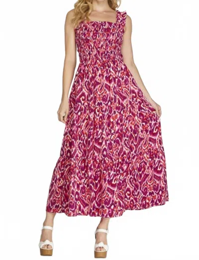 She + Sky Smocked Printed Wide Strap Tiered Dress Regular & Curvy In Deep Rose