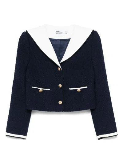 Self-portrait Belted Waist Short Jacket With Stripe Trim In Black