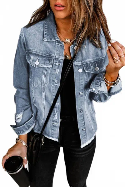 Pretty Bash Denim Distressed Raw Hem Jacket In Sky Blue