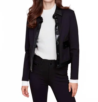 Charlie B Short Ponte Knit Jacket With Vinyl Trim In Noir