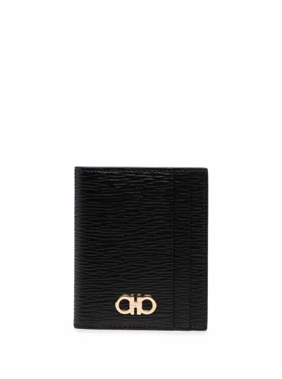Ferragamo Black Cardholder With Gold-tone Gancini Logo In Calf Leather Man In Black