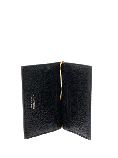 Tom Ford Black Bi-fold Wallet With Embossed Logo Lettering On The Front In Grained Leather Man In Black