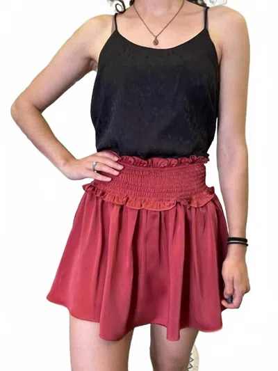 She + Sky Woven Satin With Smocked Waistband And Shorts Lining Mini Skirt In Caramel In Red