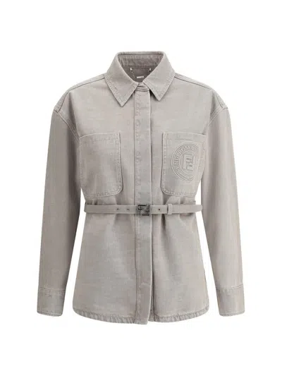 Fendi Beige Denim Jacket With Concealed Closure In Gray