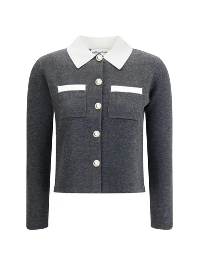 Self-portrait Self Portrait Women Wool Blend Cardigan With Contrasting Collar In Gray