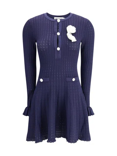Self-portrait Self Portrait Women Perforated Knit Short Dress With Removable Lace Brooch In Blue