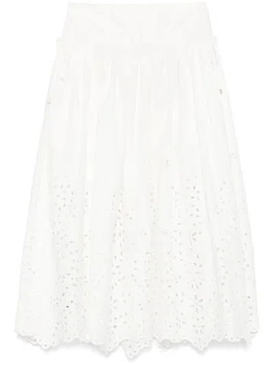 Self-portrait White Midi Skirt With Side Gathered Details And All-over Embroidery In Cotton Woman In White