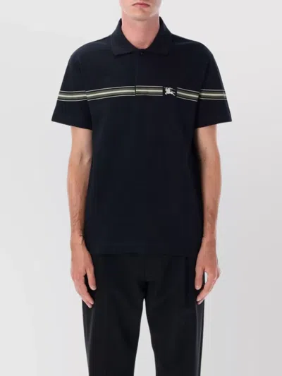 Burberry Ekd Embroidery Cotton Polo Shirt With Screen-printed Stripes In Black