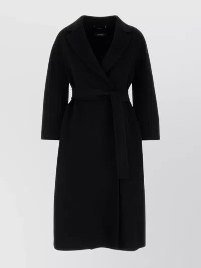 S Max Mara Wool Coat Esturia Waist Belt Knee Length In Black