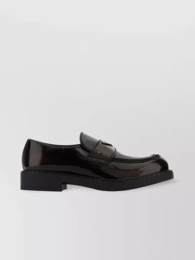 Prada Round Toe Shiny Finish Loafers In Brown