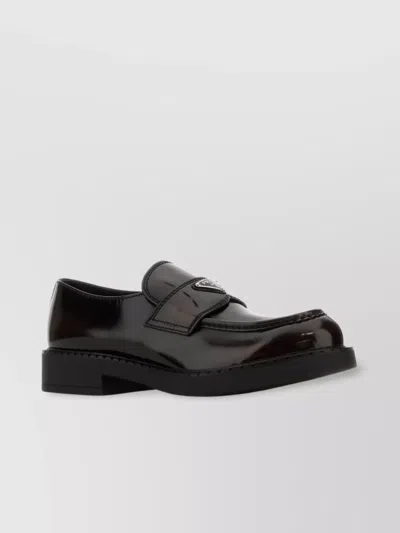 Prada Round Toe Shiny Finish Loafers In Brown