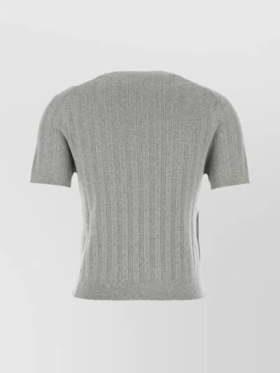 Miu Miu Cotton Crew Neck Sweater With Ribbed Texture In Gray