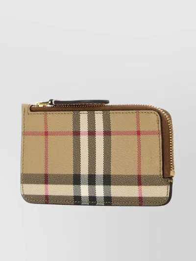 Burberry Mini Leather Wallet With Iconic Check Pattern And Zip Closure In Brown