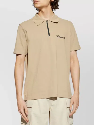 Balmain Zip Collar Short Sleeve Polo In Brown