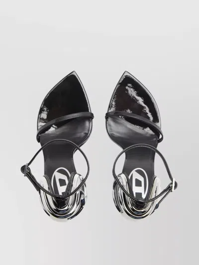 Diesel High Heel Open Toe Sandal With Metallic Detail In Black