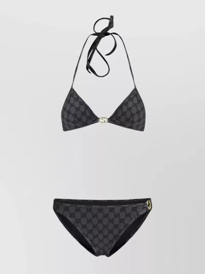 Gucci Gg Pattern Halter Neck Triangle Top Swimsuit In Gray