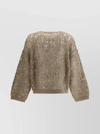Brunello Cucinelli Sequin Embellished Open Knit Sweater In Brown