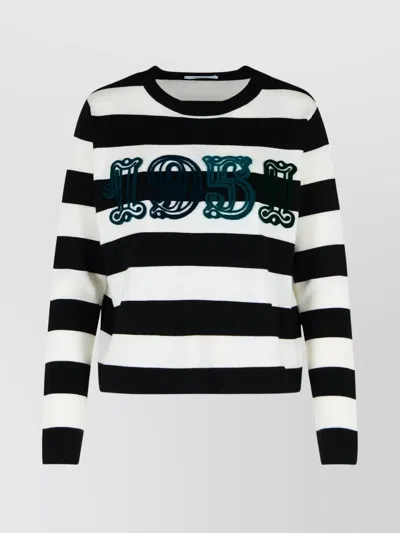 Max Mara Striped Cream Wool Sweater With Embroidered Logo Detail In Black