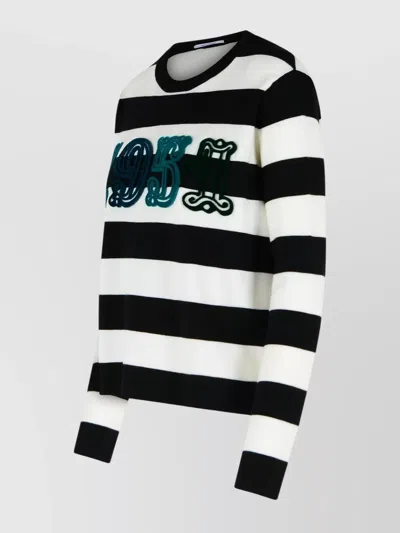 Max Mara Striped Cream Wool Sweater With Embroidered Logo Detail In Black