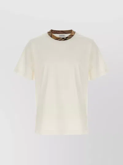 Burberry White Crewneck T-shirt With Check Motif On The Collar In Cotton Man In White