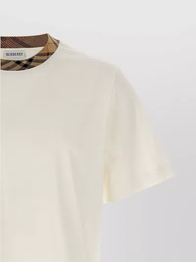 Burberry White Crewneck T-shirt With Check Motif On The Collar In Cotton Man In White